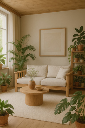 Wnętrze z dużą ilością roślin i naturalnego drewna (Biophilia)