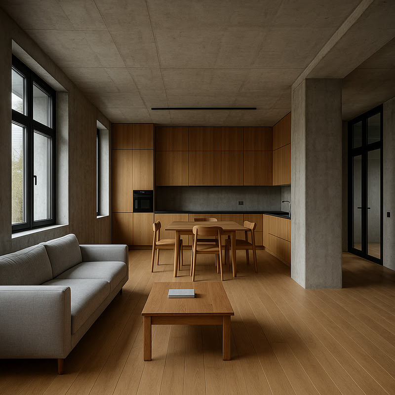 Minimalistyczny loft z betonem i drewnem